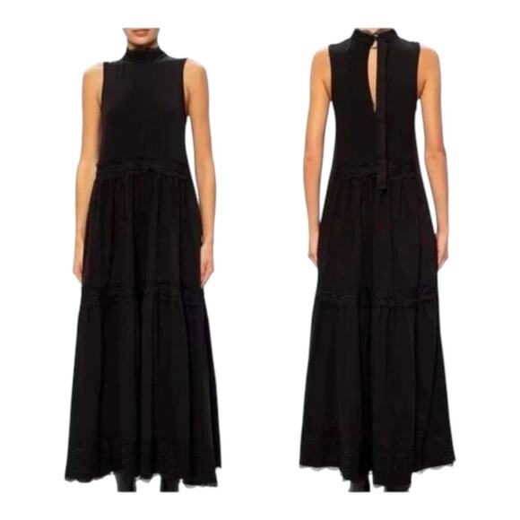 AllSaints Black Tier Lace Trim Tie Neck Sleeveless Maxi Dress Size 4 - Picture 1 of 11